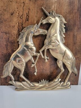 Brass Unicorn Wall Plaque - Pair of Rearing Unicorns